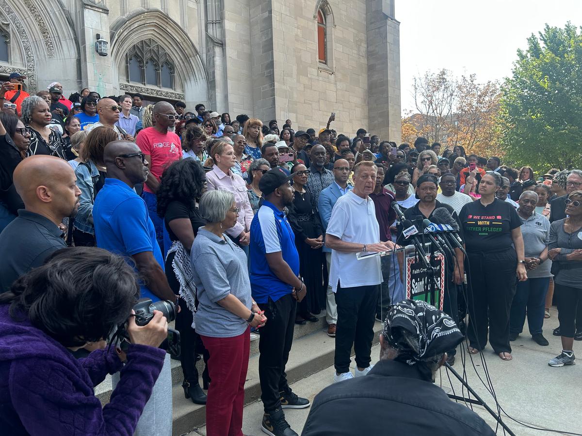 Fr. Michael Pfleger addresses the press at St. Sabina Church