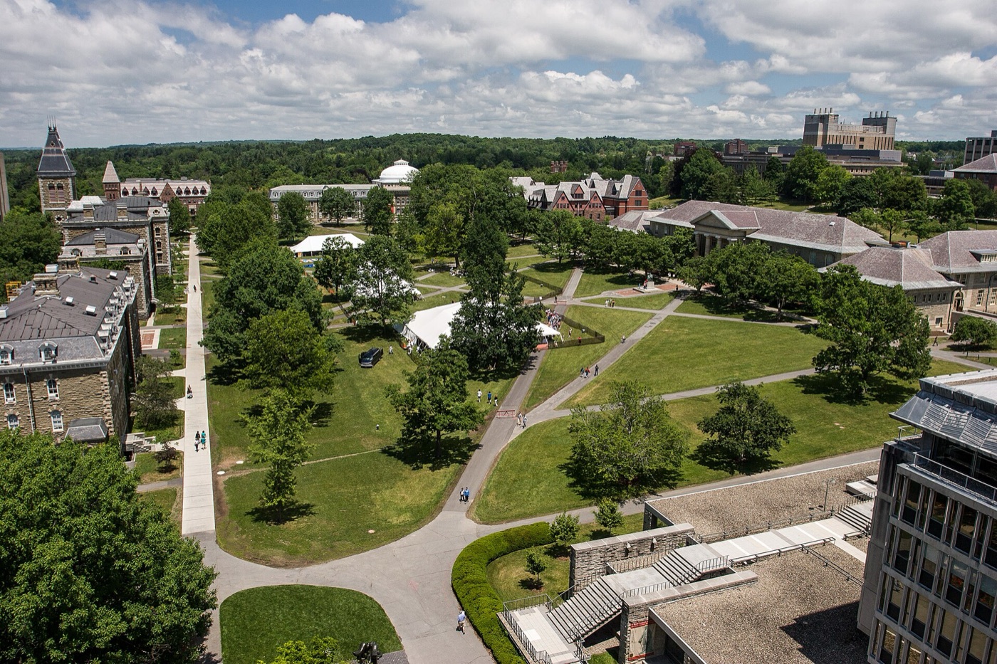 Cornell University's Arts Quad seen from above in McGraw Tower - a broad green lawn crossed by footpaths, framed by stone and brick academic buildings and mature trees, with wooded hills beyond under a cloudy summer sky.
