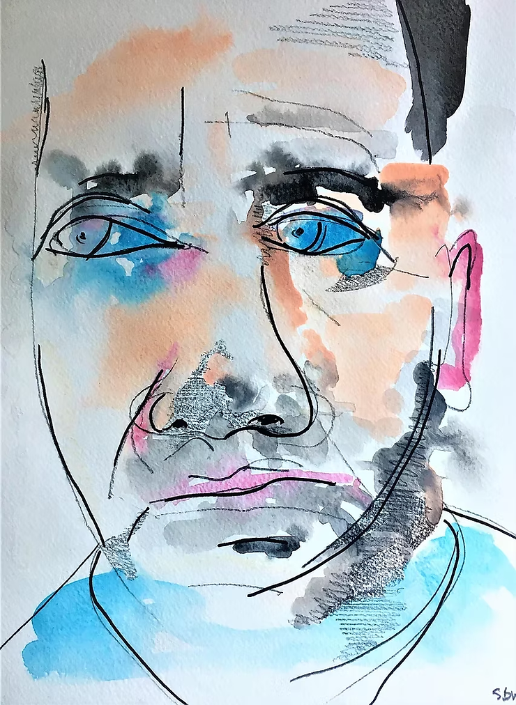 Loose ink-line and watercolour portrait of Andrew Malkinson: a lined face with pale blue eyes, washed in orange, pink and grey over a blue collar, signed in the lower right corner.