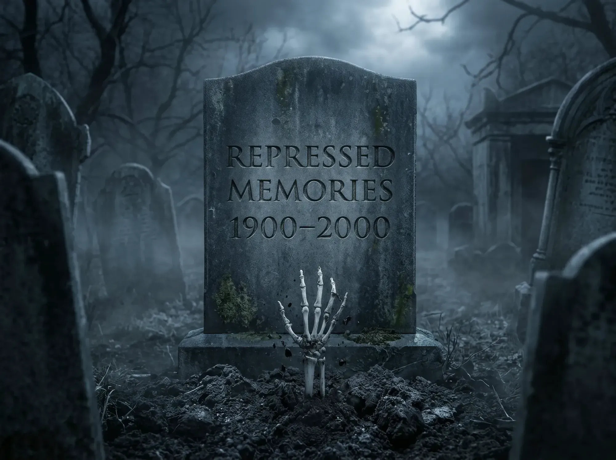 A headstone in a foggy graveyard reads “Repressed Memories 1900–2000”, with a skeletal hand pushing up through the soil in front of it
