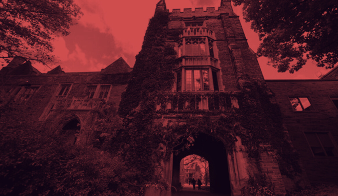 University Hall at McMaster University: an ivy-covered stone tower with an arched passageway, in a red duotone treatment.