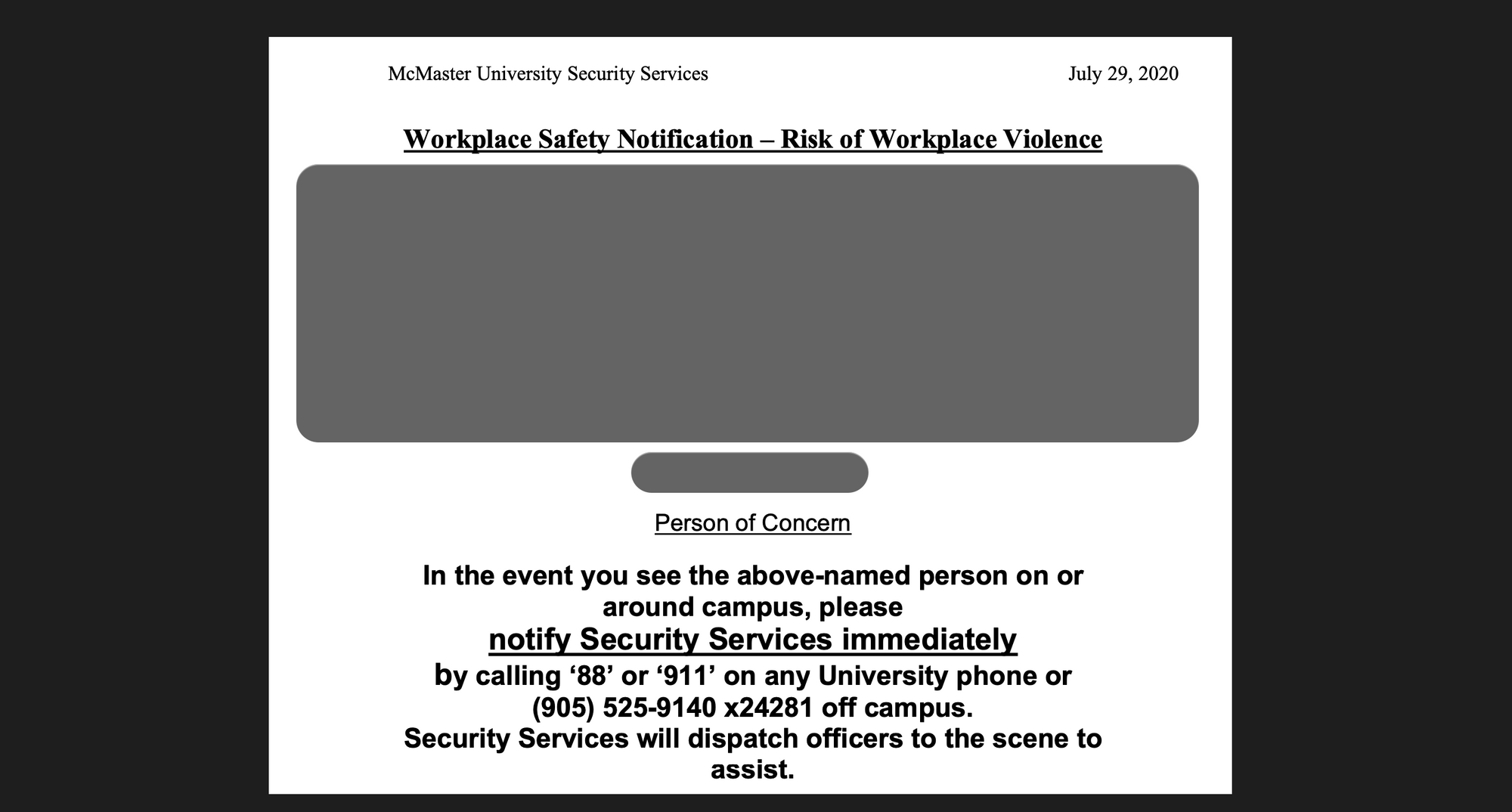 Redacted “Workplace Safety Notification” distributed by McMaster about a suspended PNB department member.