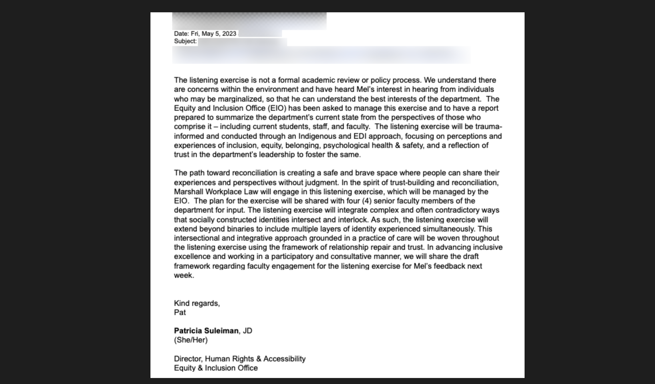 Redacted May 2023 email from McMaster’s Equity & Inclusion Office setting out the planned trauma-informed “listening exercise” in the PNB department.