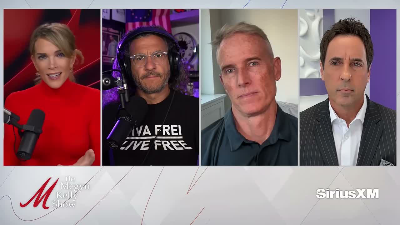 A four-way video panel from The Megyn Kelly Show: Megyn Kelly in red at a studio microphone, then three men on remote video links - one in headphones in a purple-lit room, one in a pale room, and one in a pinstripe suit.