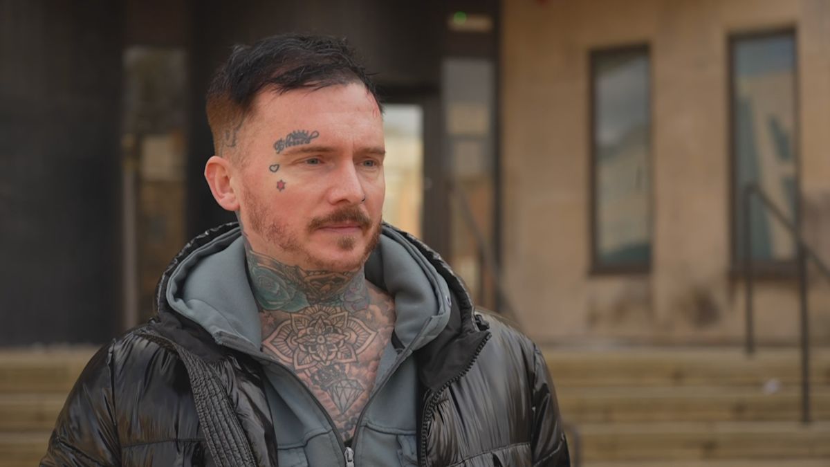 Andrew Dearden, one of the men falsely accused, speaking to camera outside court.