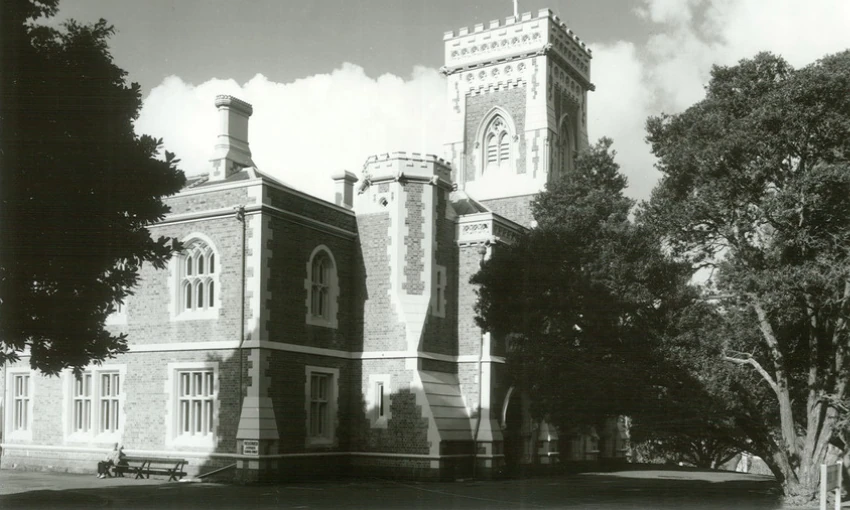 Auckland High Court in 1981, a Victorian gothic brick building with a castellated tower, photographed in black and white.