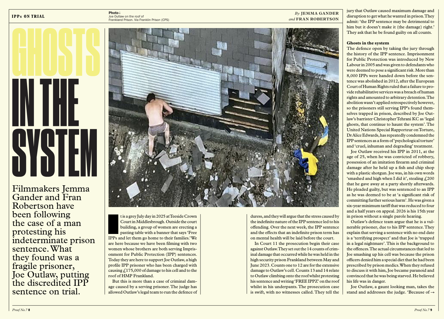 The printed PROOF magazine spread headlined 'Ghosts in the System', with an aerial photograph of Joe Outlaw on the roof of Frankland prison.