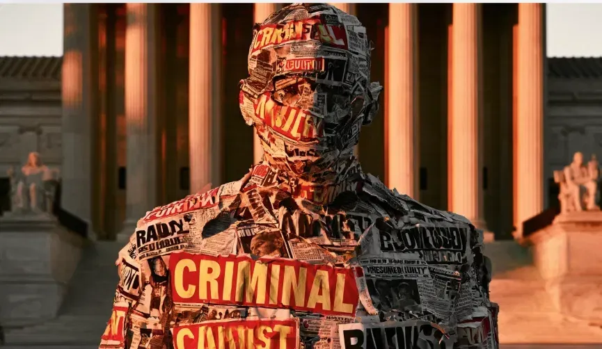 A human figure wrapped head to toe in newspaper clippings whose headlines read “criminal”, “guilty” and “rapist”, standing before the columns of a courthouse at sunset.