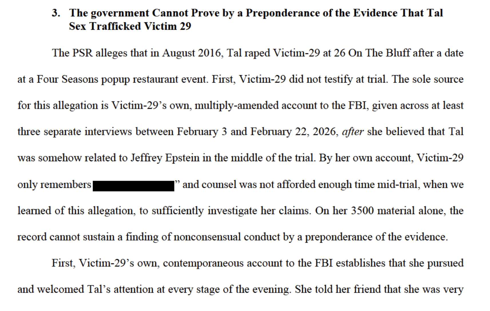 Excerpt from a defence filing headed “3. The government Cannot Prove by a Preponderance of the Evidence That Tal Sex Trafficked Victim 29”