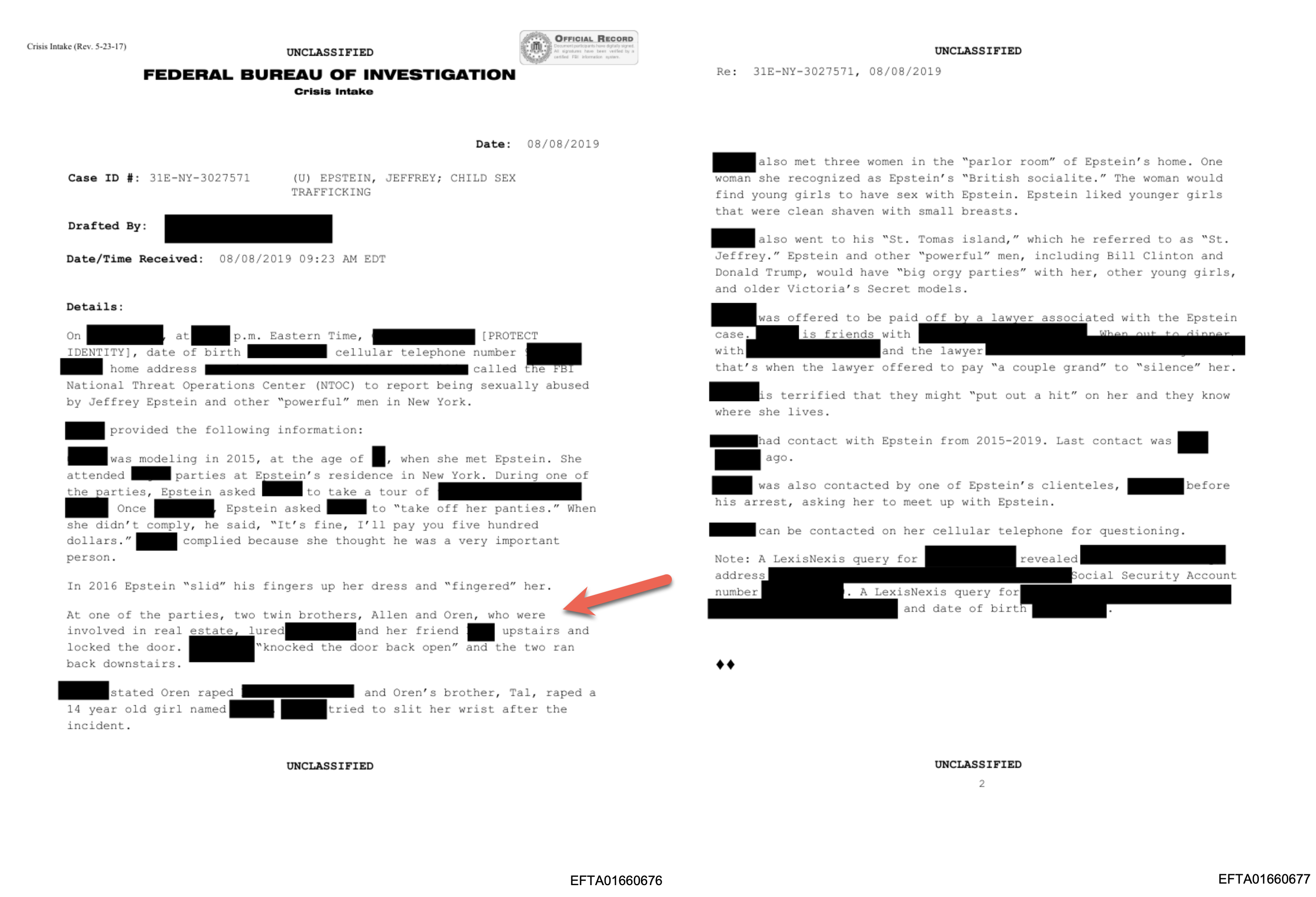 Two pages of an FBI “Crisis Intake” report dated 08/08/2019, case “Epstein, Jeffrey; Child Sex Trafficking”, heavily redacted, with an arrow pointing to a passage about “two twin brothers, Allen and Oren”