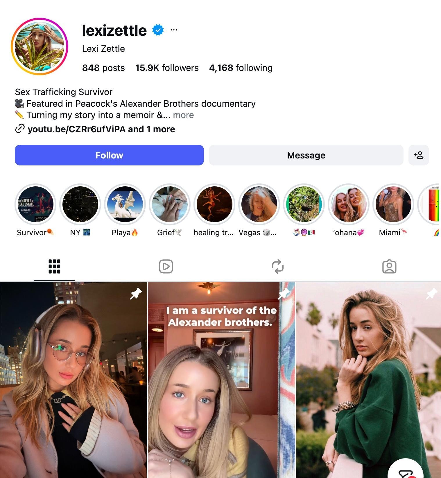 Screenshot of the Instagram profile of Lexi Zettle (lexizettle), whose bio reads “Sex Trafficking Survivor”, “Featured in Peacock’s Alexander Brothers documentary” and “Turning my story into a memoir”