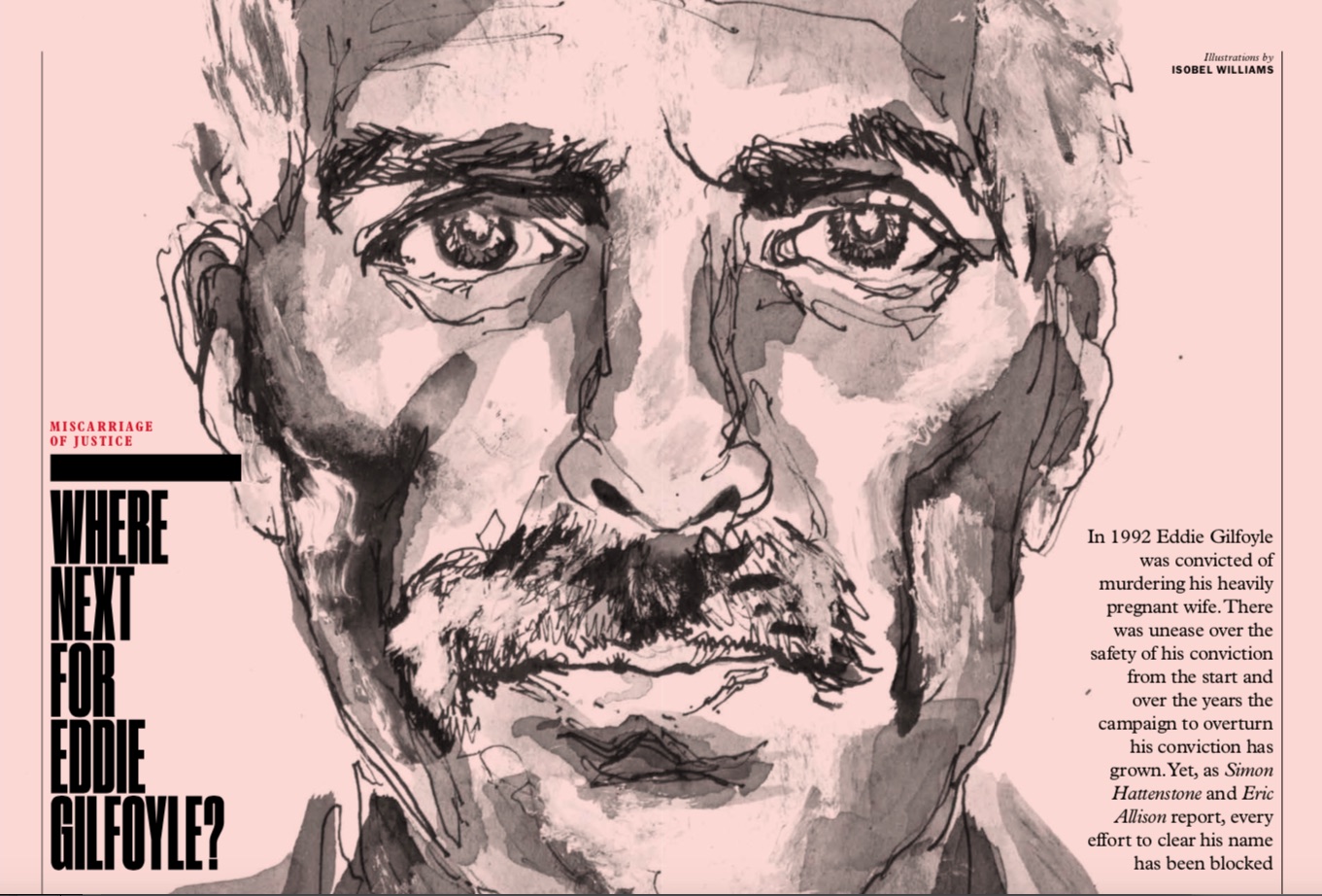 A PROOF magazine spread headlined ‘Where next for Eddie Gilfoyle?’, with a large pen-and-wash portrait of a moustachioed Gilfoyle by illustrator Isobel Williams.