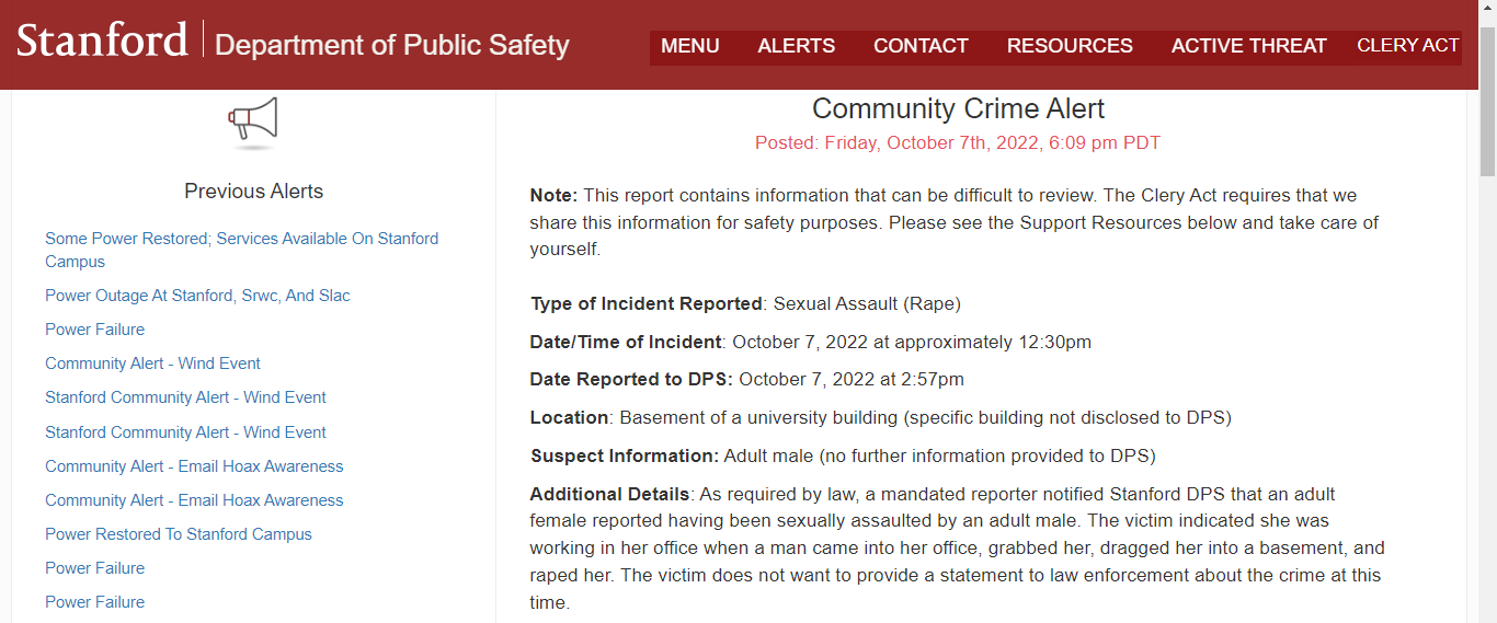 Stanford Department of Public Safety community crime alert reporting a sexual assault in the basement of a university building, posted October 7th, 2022.