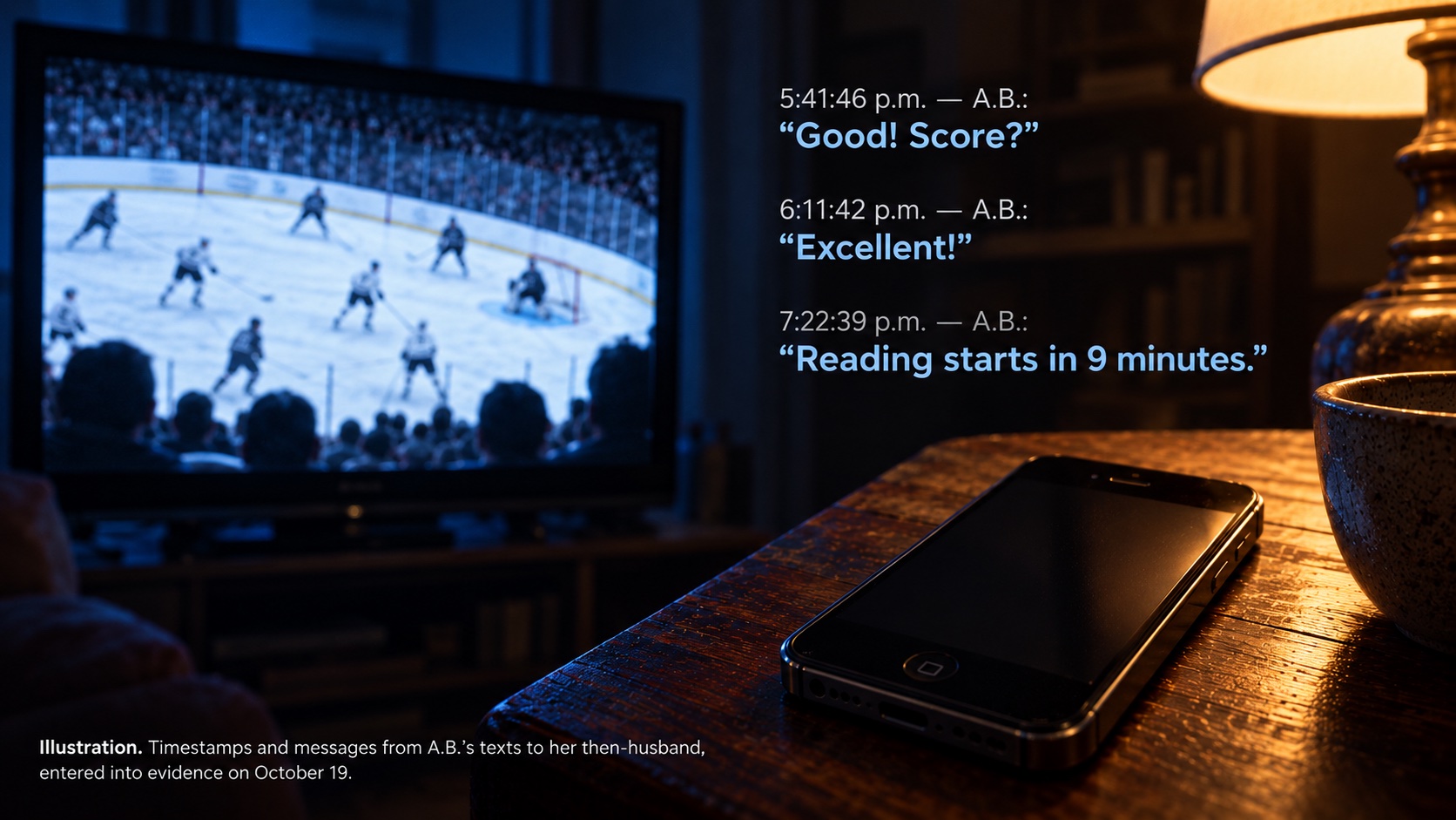 Illustration: a hockey game on a television in a dark room, a smartphone on a wooden side table under a lamp, and three of A.B.'s timestamped text messages: “Good! Score?”, “Excellent!” and “Reading starts in 9 minutes.”