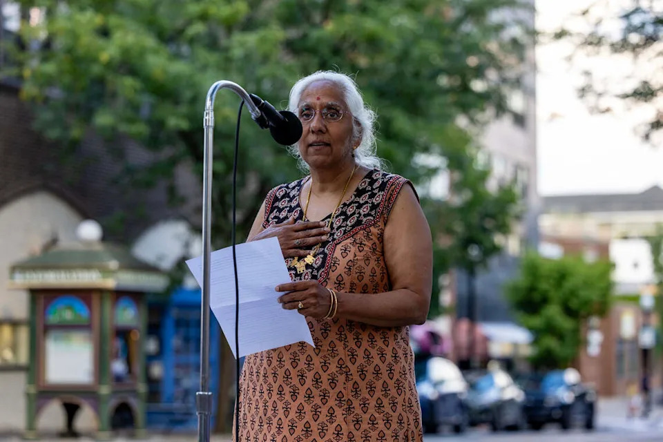Saraswathi Vedam speaks during a vigil held for her brother Subu Vedam at an event marking one year since his exoneration on Thursday, Aug. 27, 2026 in State College.