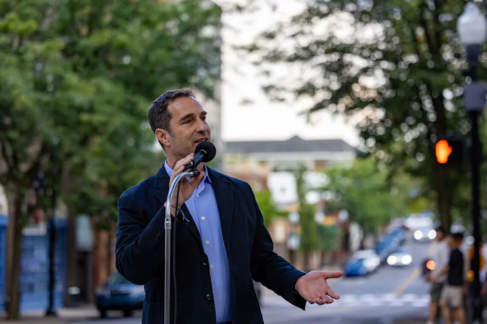 State College Mayor Ezra Nanes speaks during a vigil held for Subu Vedam marking one year since his exoneration on Thursday, Aug. 27, 2026 in State College.