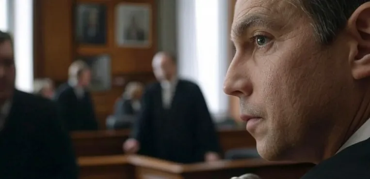 A man in close profile in a wood-panelled courtroom, with a judge and counsel out of focus behind him.